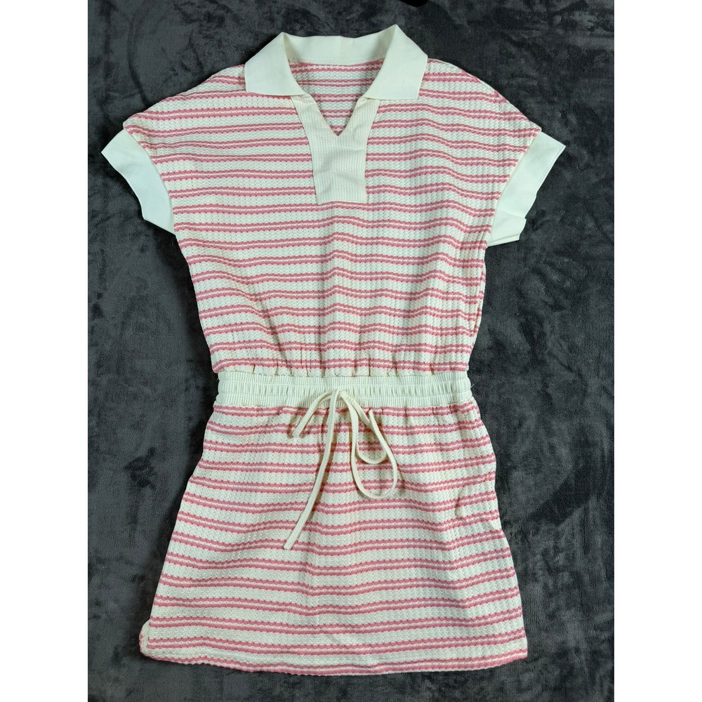Shein Pink Striped Waffle Knit Polo Mini Dress Short Sleeve Small